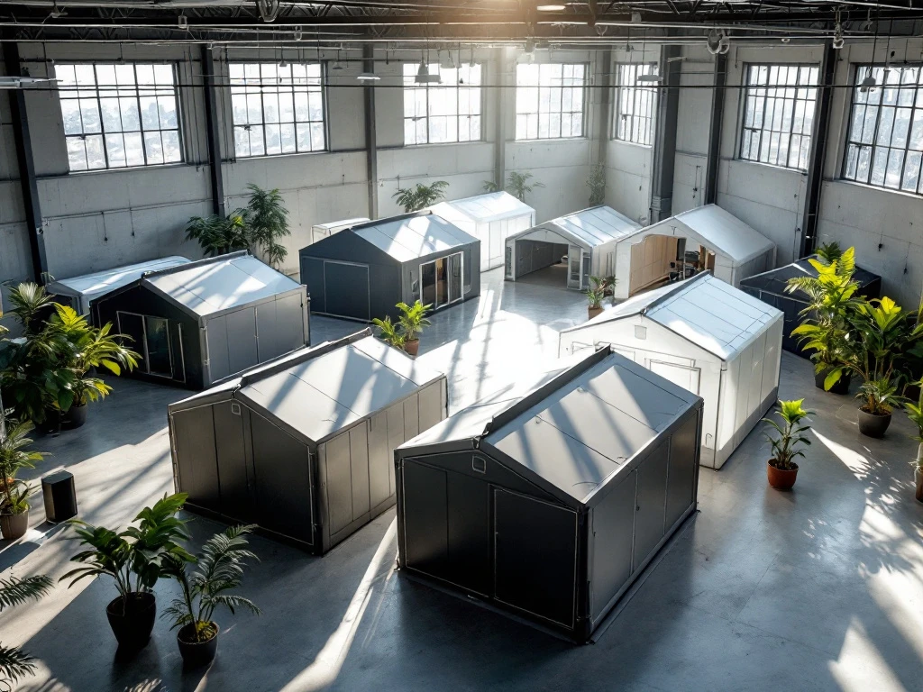 Een moderne showroom met modulaire tenten van Maessen Tentsupply, verlicht door zonlicht en omgeven door groene planten.