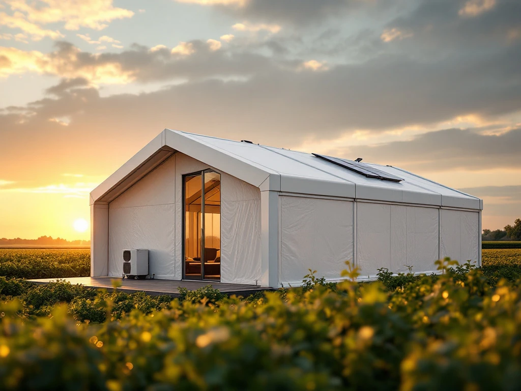 Een moderne tent van Maessen Tentsupply in een Nederlands landschap bij zonsondergang, omgeven door groene velden en voorzien van zonnepanelen.