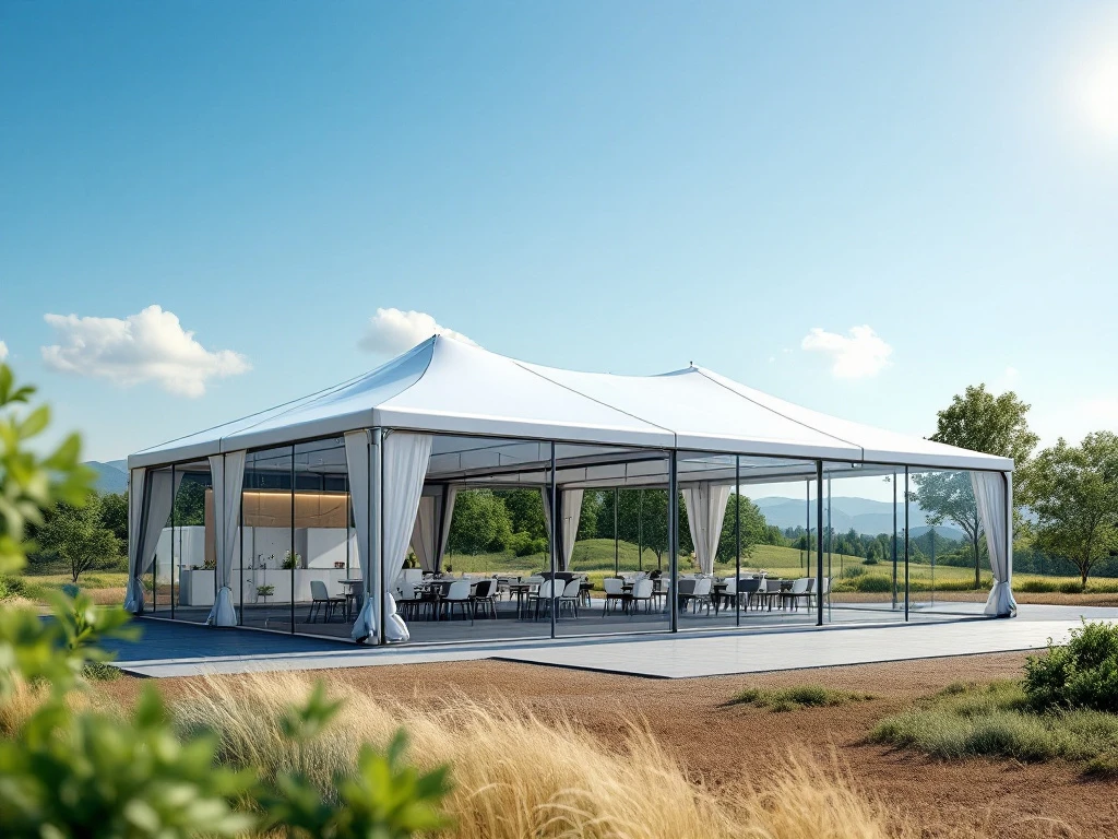 Een fotorealistische afbeelding van een moderne tent van Maessen Tentsupply in een open landschap met groen en een blauwe lucht.